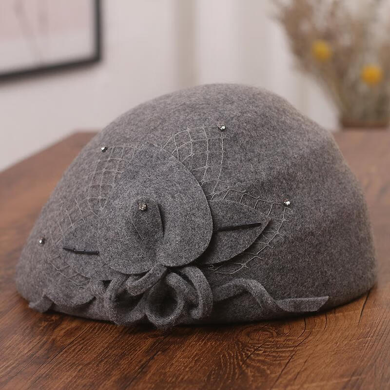 网纱贝雷帽女秋冬帽子女秋冬保暖仿呢帽韩版优雅网纱花朵贝雷帽英伦