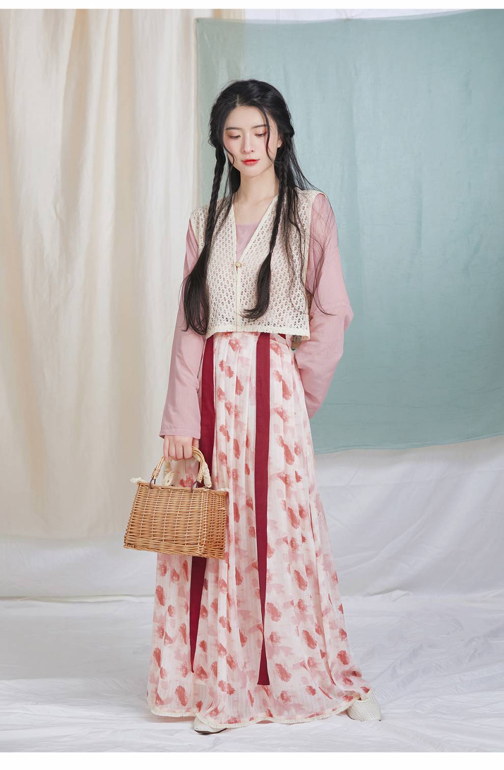 织造司汉服司唐制汉服女改良蕾丝唐褙子圆领衫一片式齐腰褶裙褶裙s