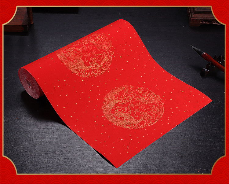 加厚万年红洒金长卷宣纸半生半熟大红色100米春联手写对联冷金纸乐学