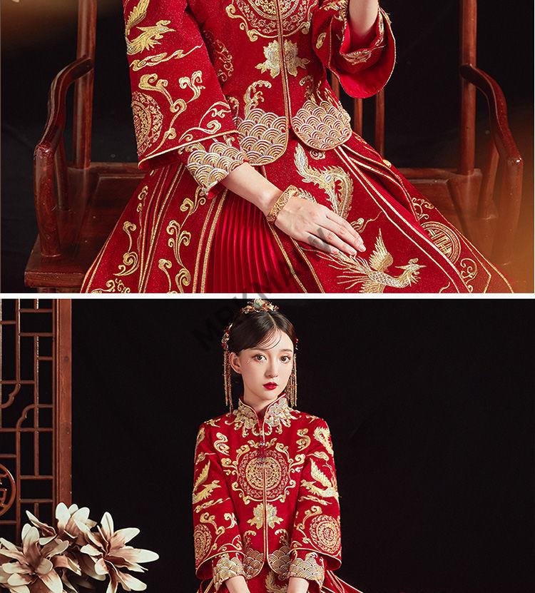 秀禾服新娘2021新款龙凤褂中式结婚纱回门敬酒礼服百褶带钻古旗袍红色