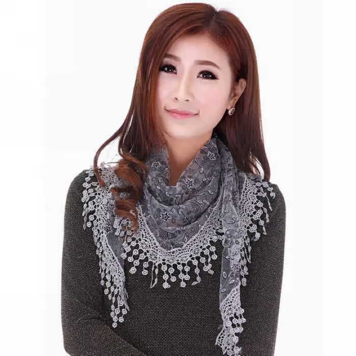 三角巾丝巾蕾丝镂空花边流苏围巾女白色装饰外搭小披肩围脖纱巾哈尼克
