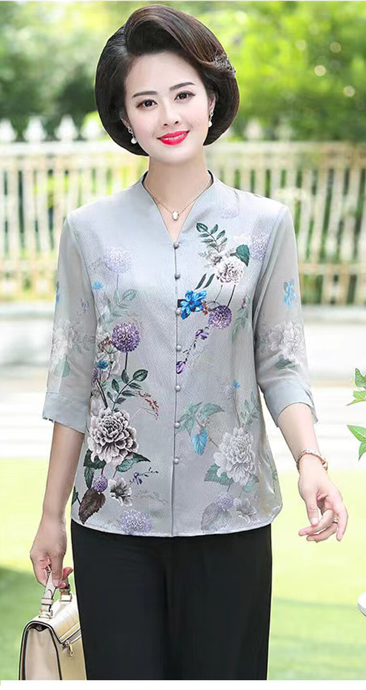 福太太中老年夏季服装洋气妈妈夏装真丝t恤大码桑蚕丝衬衫上衣女中