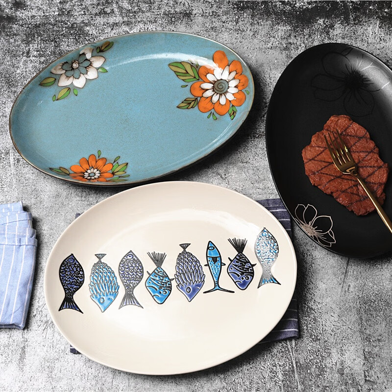 创意个性陶瓷超大号清蒸鱼盘家用酒店餐厅菜盘子长方形盘彩色深盘