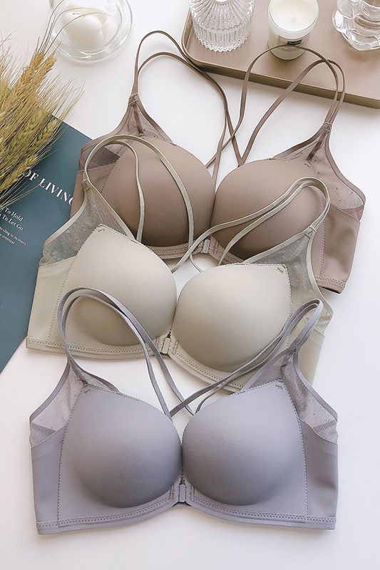 前排扣文胸舒适无钢圈前扣聚拢交叉美背显大内女灰蓝色文胸套装3270