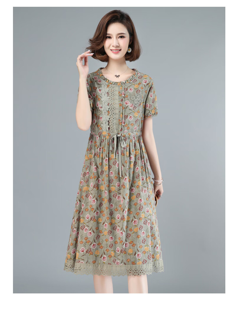 素订女装棉麻碎花连衣裙女夏2022新款中年妈夏天薄款棉布亚麻裙子商场