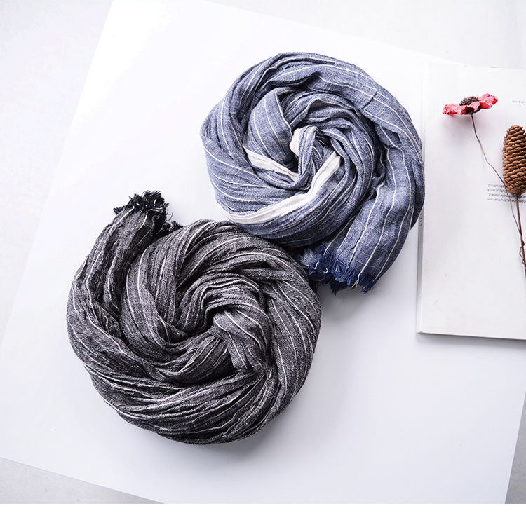 鲜卡日式男士围巾冬季时尚百搭文艺棉麻围巾男条纹深灰藏蓝色围脖浅