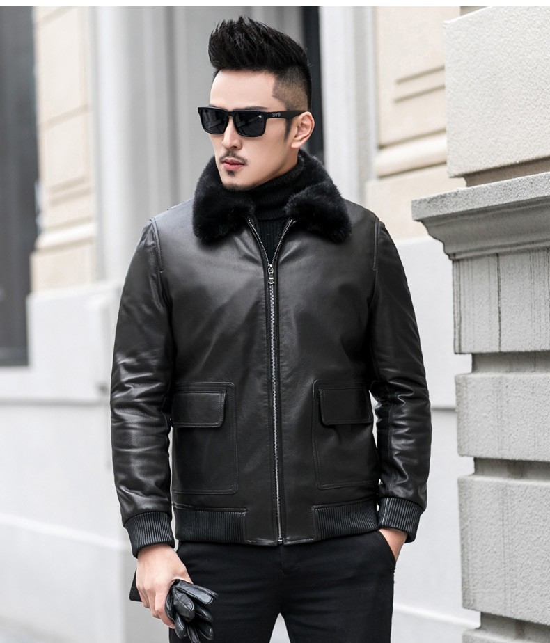 gellvann品牌真皮羽绒服男士山羊皮水貂翻领皮夹克飞行服加厚外套