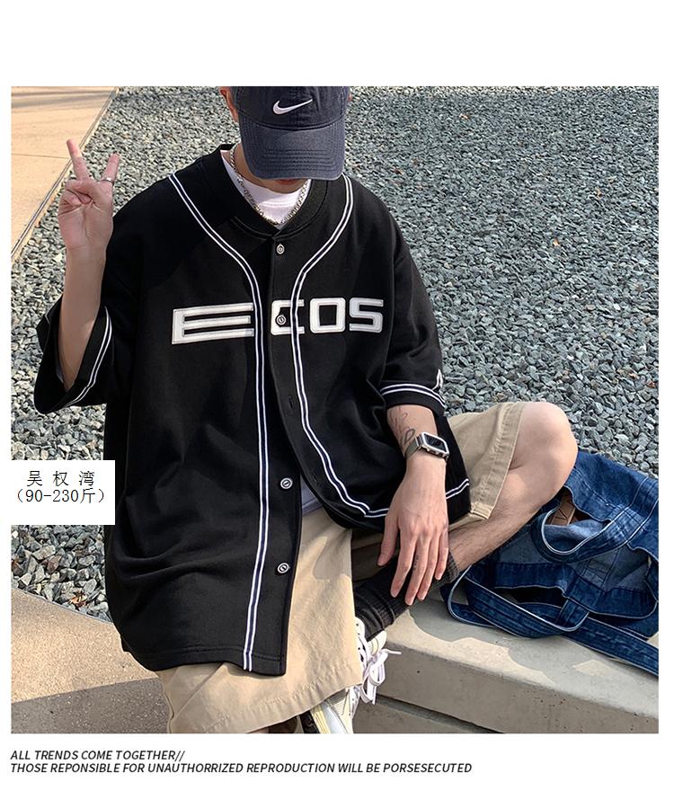 吴权湾美式复古短袖t恤男春季ins设计感小众棒球服开衫半袖灰色m