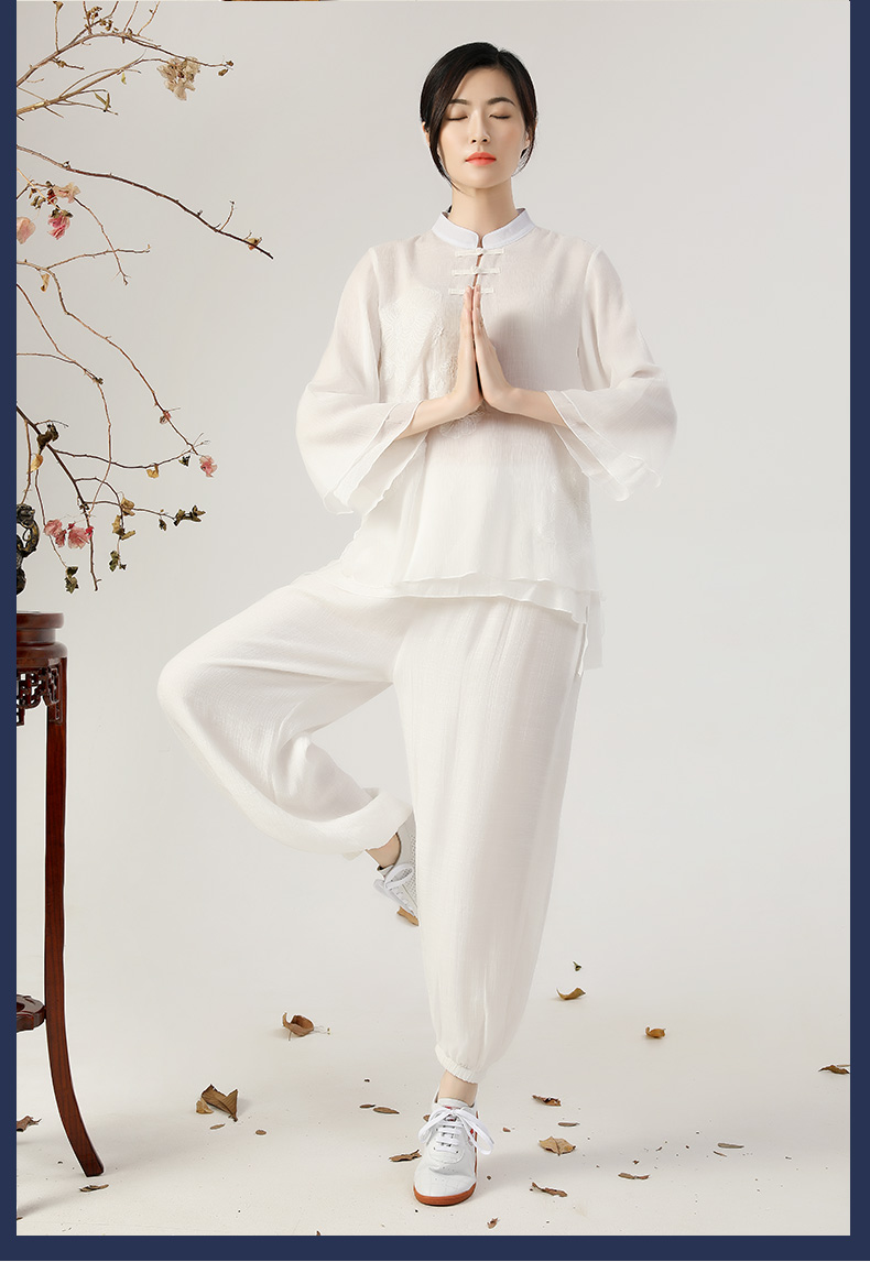 夏季太极服女太极拳棉麻亚麻练功服表演服白色新款服装套装米白套装s