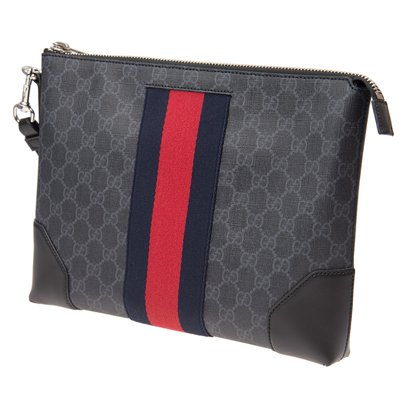 gucci古驰男包织物配皮双g印花条纹拼饰时尚男士大号手拿包523603代购