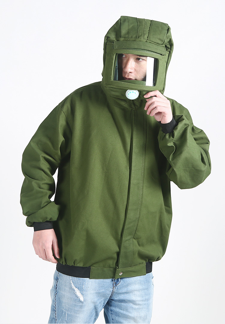 大头帽防溅喷砂防沙帽玻璃防护工装服内置安全帽款绿色上衣裤子均码