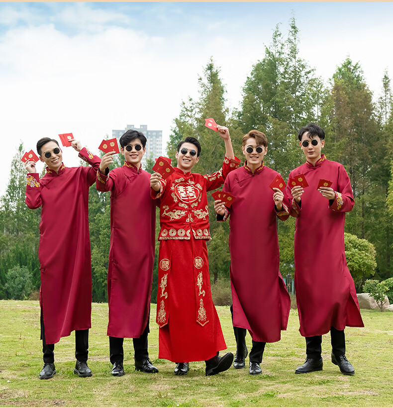 中式婚礼伴郎服伴娘服唐装马褂结婚伴郎兄弟团礼服男相声大褂服装定制