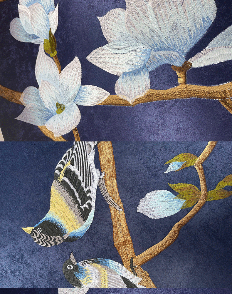 玉兰墙布独绣刺绣背景壁画无缝花中式客厅卧室沙发独秀画新款墨兰色