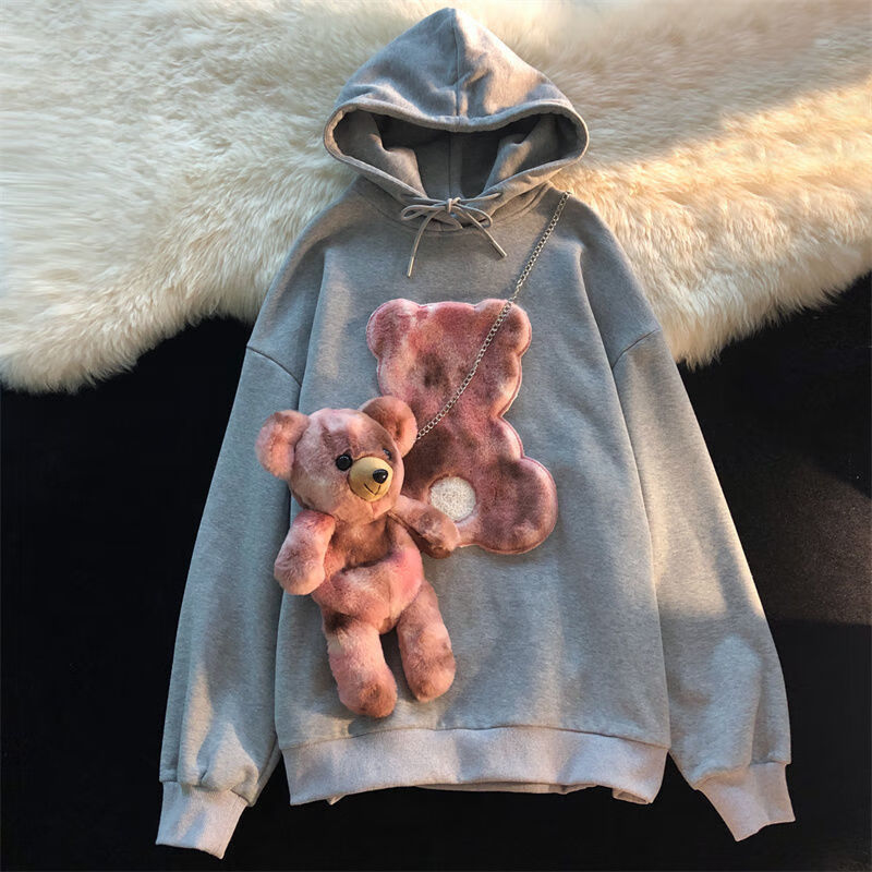 琉语春秋新款日系可爱毛绒刺绣小熊玩偶卫衣女宽松慵懒风连帽外套2022