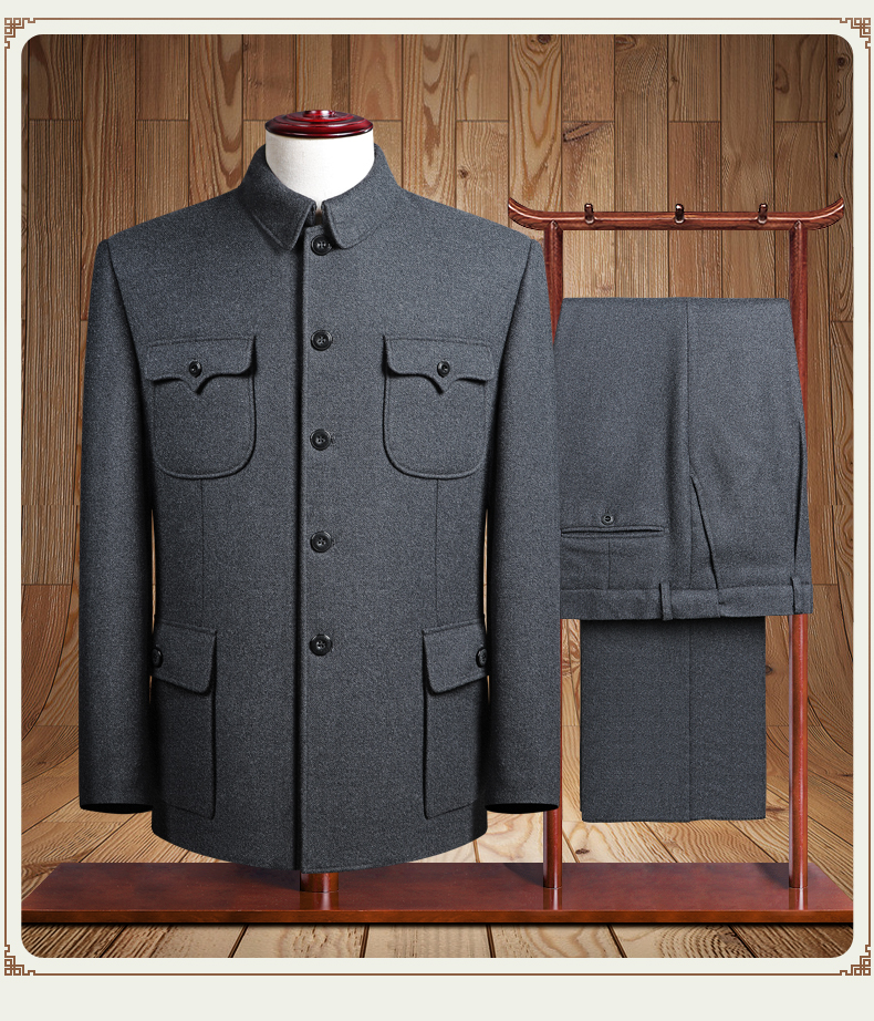 京佑品牌羊毛呢中山装中老年中式礼服套装男毛氏国服宽松中国风老人