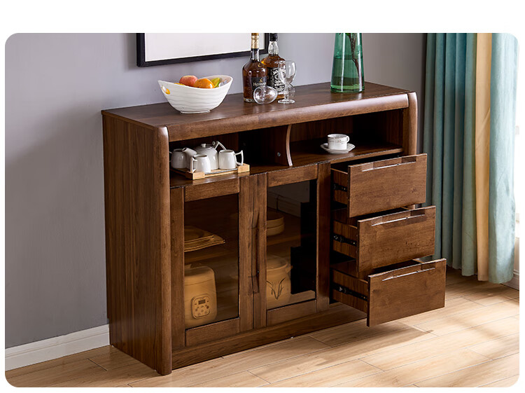 新中式餐边柜半实木碗柜储物柜餐厅备餐柜客厅茶水柜现代胡桃木色新颖