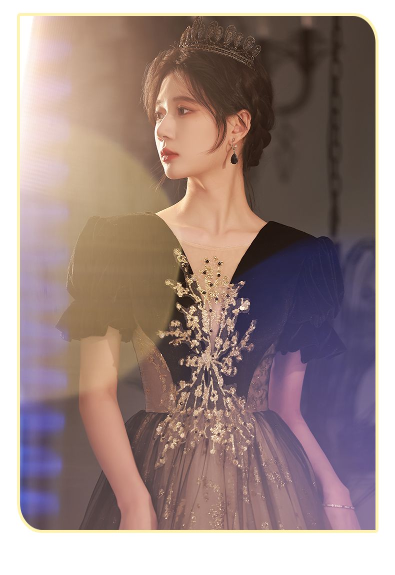 智妤音乐艺考礼服女黑色晚轻奢小众感年会在逃公主气质主持人高定v领