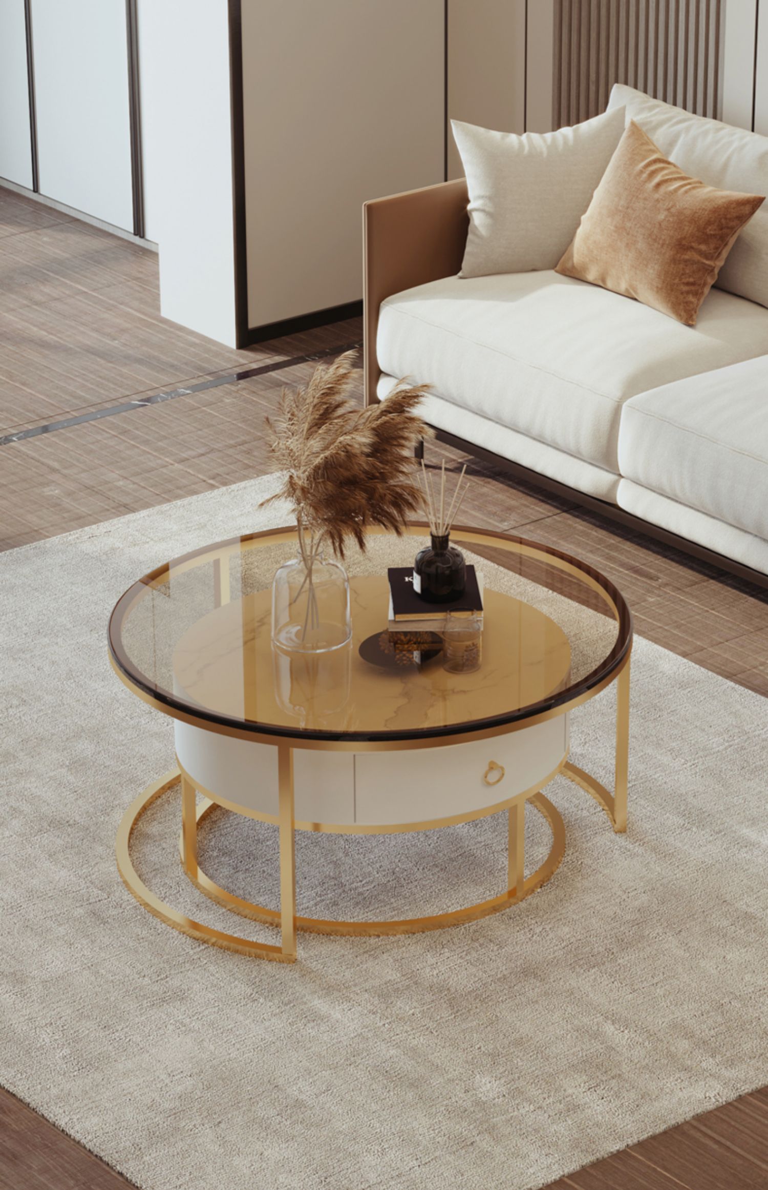 北欧岩板圆形茶几客厅家用钢化玻璃轻奢现代小户型茶桌感岩板阿玛尼灰