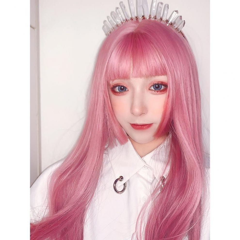 公主切浅粉色假发姬发式男女长直发变装日常lolita圆脸cos三刀切假发