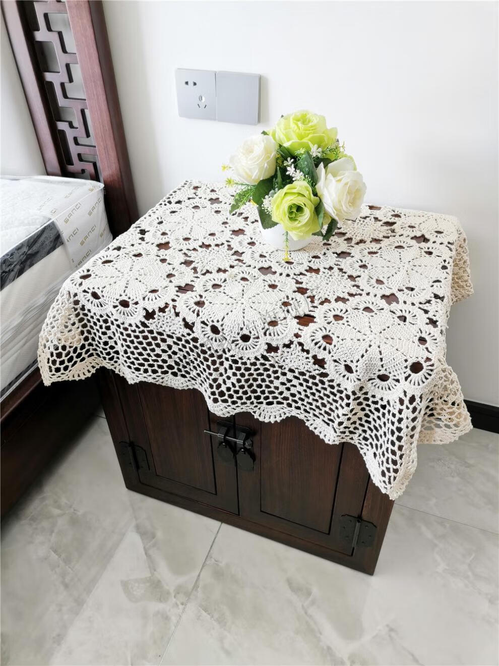 手工钩针钩花桌布田园镂空编织沙发巾复古怀旧茶几装饰盖布米色160cm