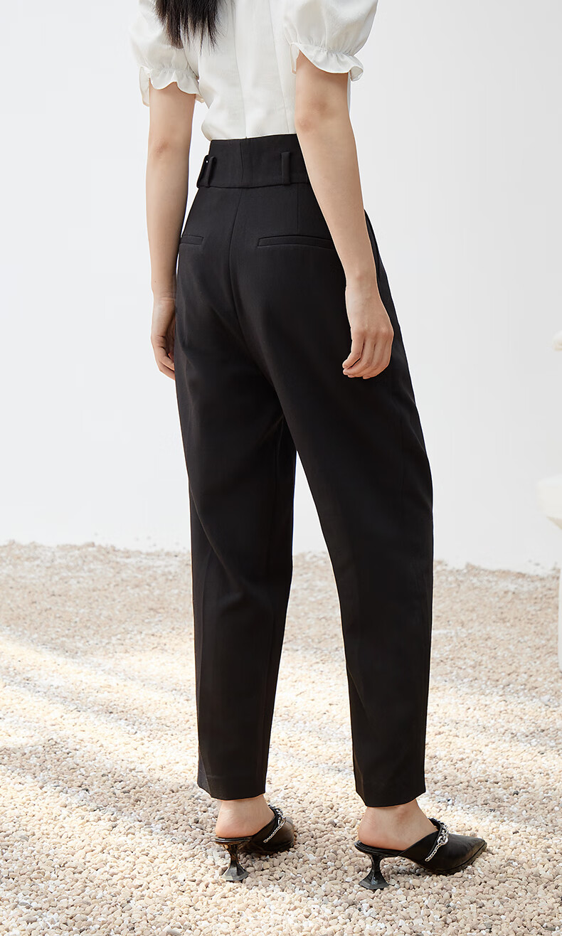 ochirly欧时力裤子女2022新款秋装高腰显瘦哈伦裤休闲裤配腰带 黑色