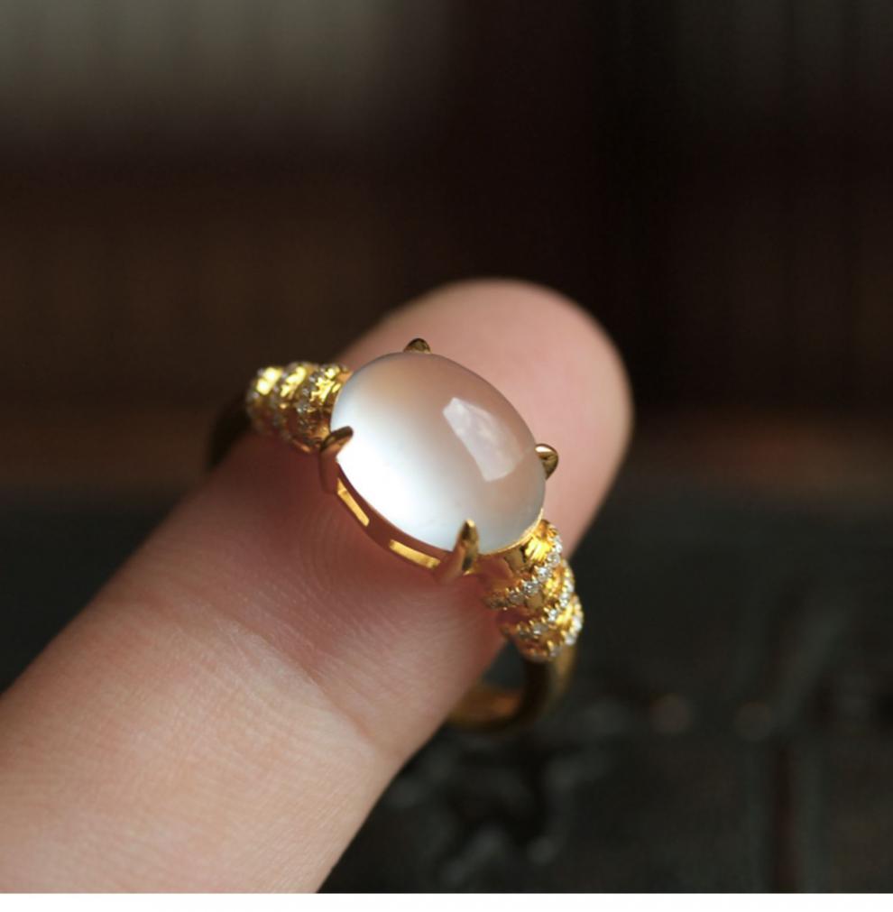 墨韵 白冰种翡翠马鞍戒指女款a货玉石富贵精品18k豪华金带珠宝首饰