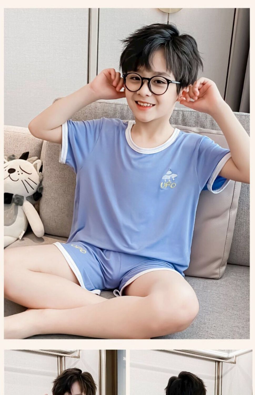 睡衣夏季薄款男童家居服套装大童夏天小男孩短袖空调服天蓝色110码