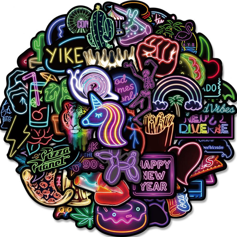 千奇梦100张原宿霓虹灯风格炫酷装饰手账贴纸水杯自红防水贴纸ins风