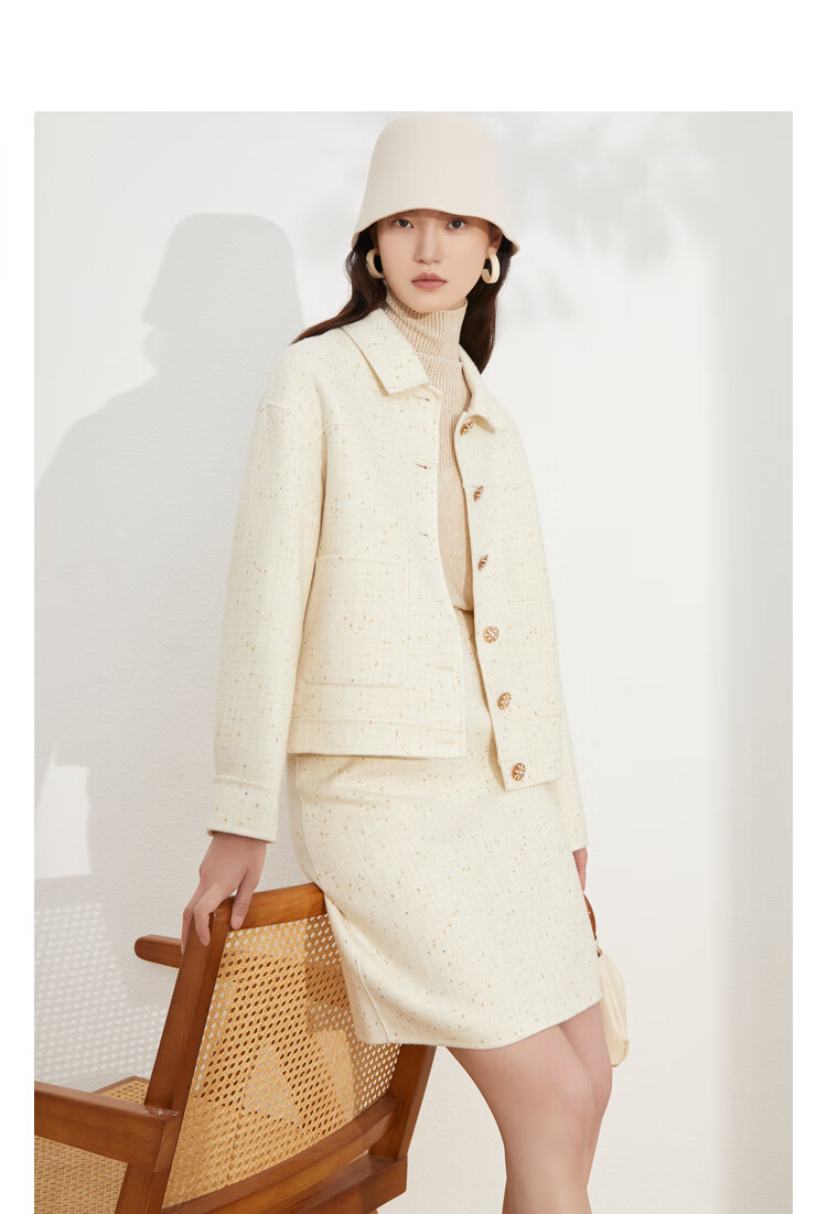 vgrass维格娜丝2021年秋冬新款赫本风亮片羊毛呢短外套米藕色5m