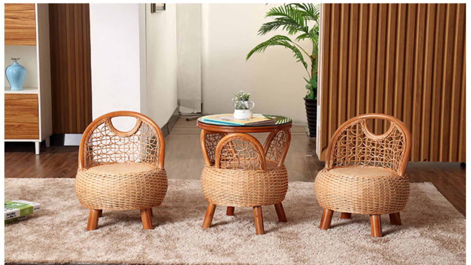 件套阳台竹椅子休闲真藤桌椅组合单人靠背小藤椅竹编茶几栗子色南瓜椅