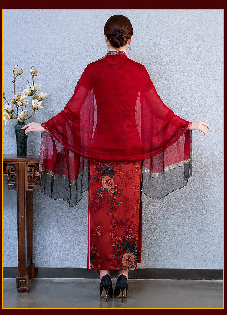 婚礼婚庆喜婆婆春秋旗袍披肩红色喜庆妈妈婚宴礼服真丝长款围巾外披薄