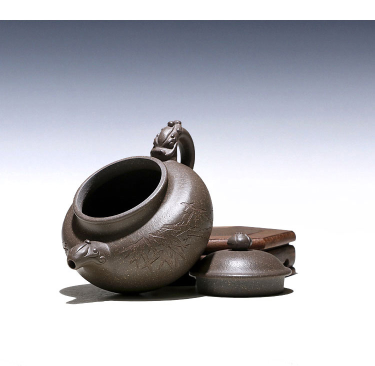 两笔宜兴紫砂壶泡茶壶具传统手工李新生青灰段祥瑞掇只360cc