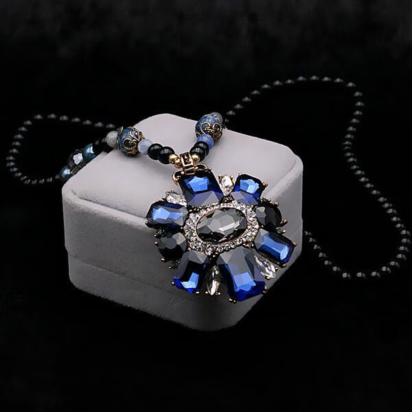 毛衣链复古民族风装饰女长项链挂饰衣服挂件百搭秋冬配饰品圆坠蓝白钻