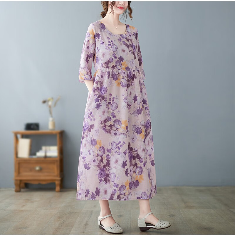 gioio夏季2022高端品牌亚麻苎麻连衣裙素素棉麻女装休闲宽松长裙子