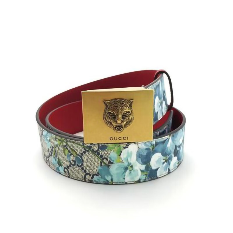奢侈品gucci古驰古铜金色虎头腰带经典天竺葵印花牛皮546384cg印花80