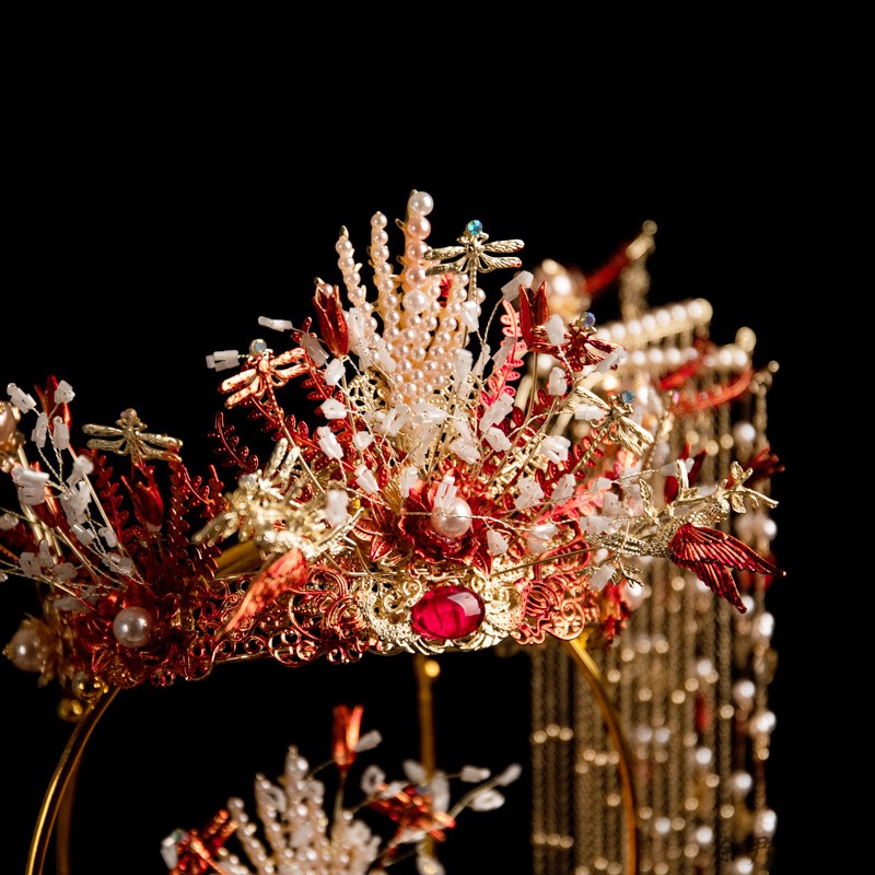 大气中式红色凤冠后梳古装结婚礼秀禾服发饰套装新娘古装头饰成人中式