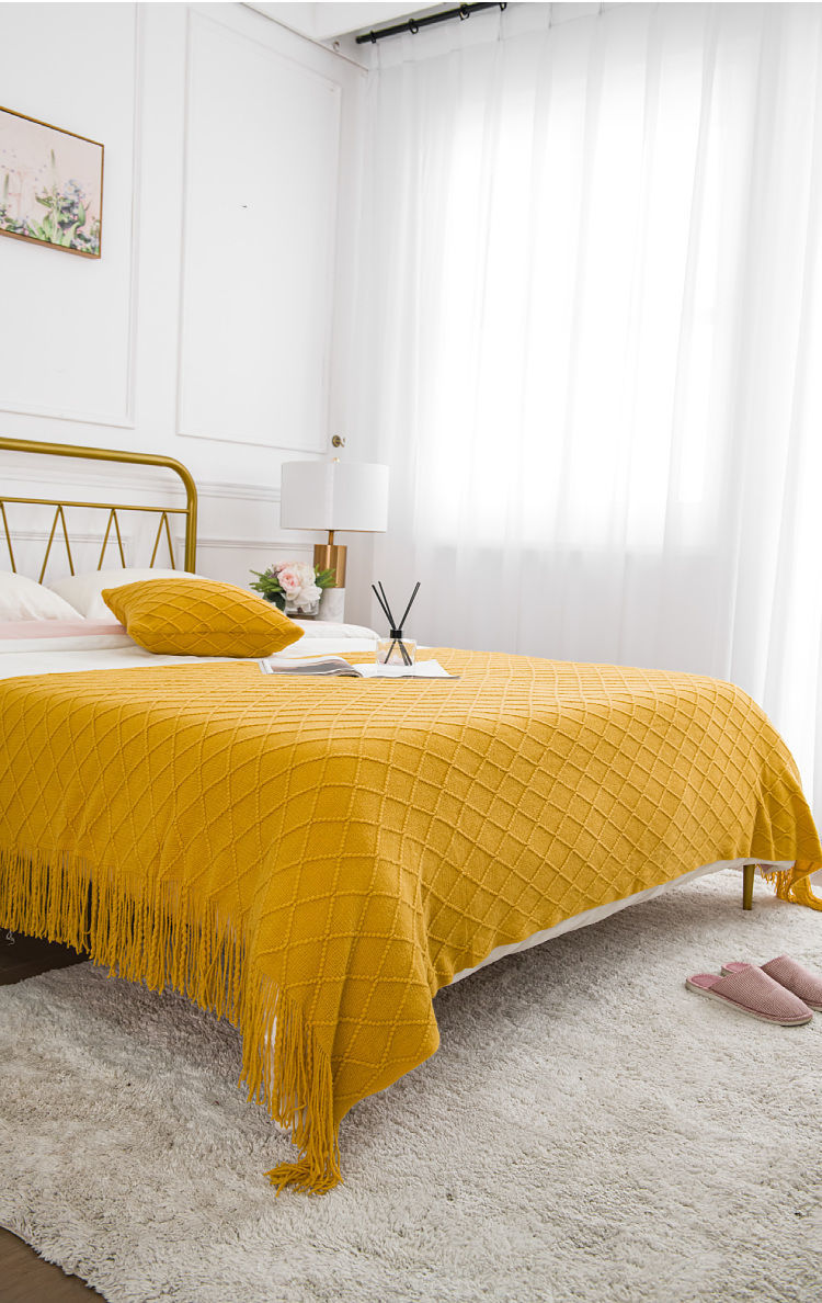 复古简约床尾巾ins民宿床旗盖酒店公寓装饰网红菱形提花流苏床单 床尾