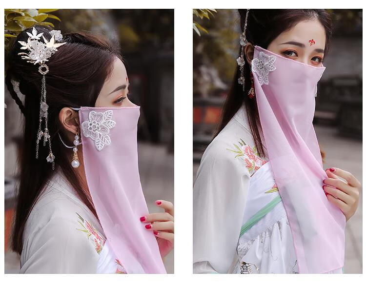 面纱女汉服配饰新款古装电视剧白面纱仙女侠女公主遮面纱古风 粉红色.