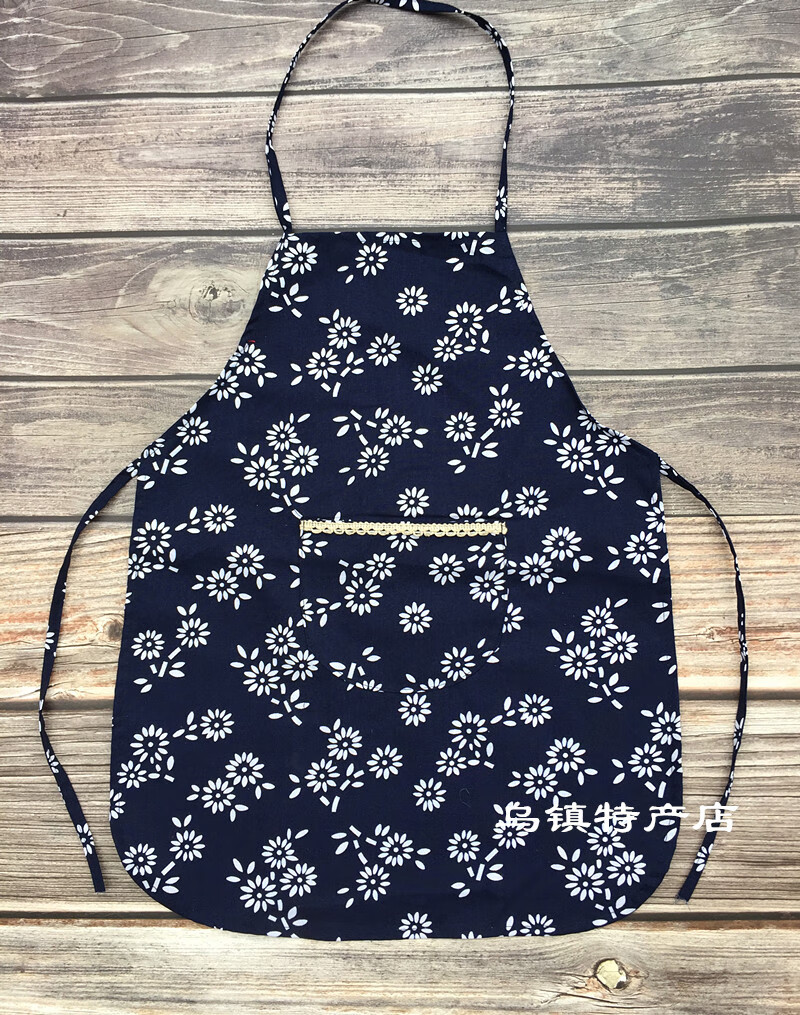 采茶围裙民族风小碎花围裙农家乐厨房挂脖围兜幼儿演出采茶舞蹈蓝花布