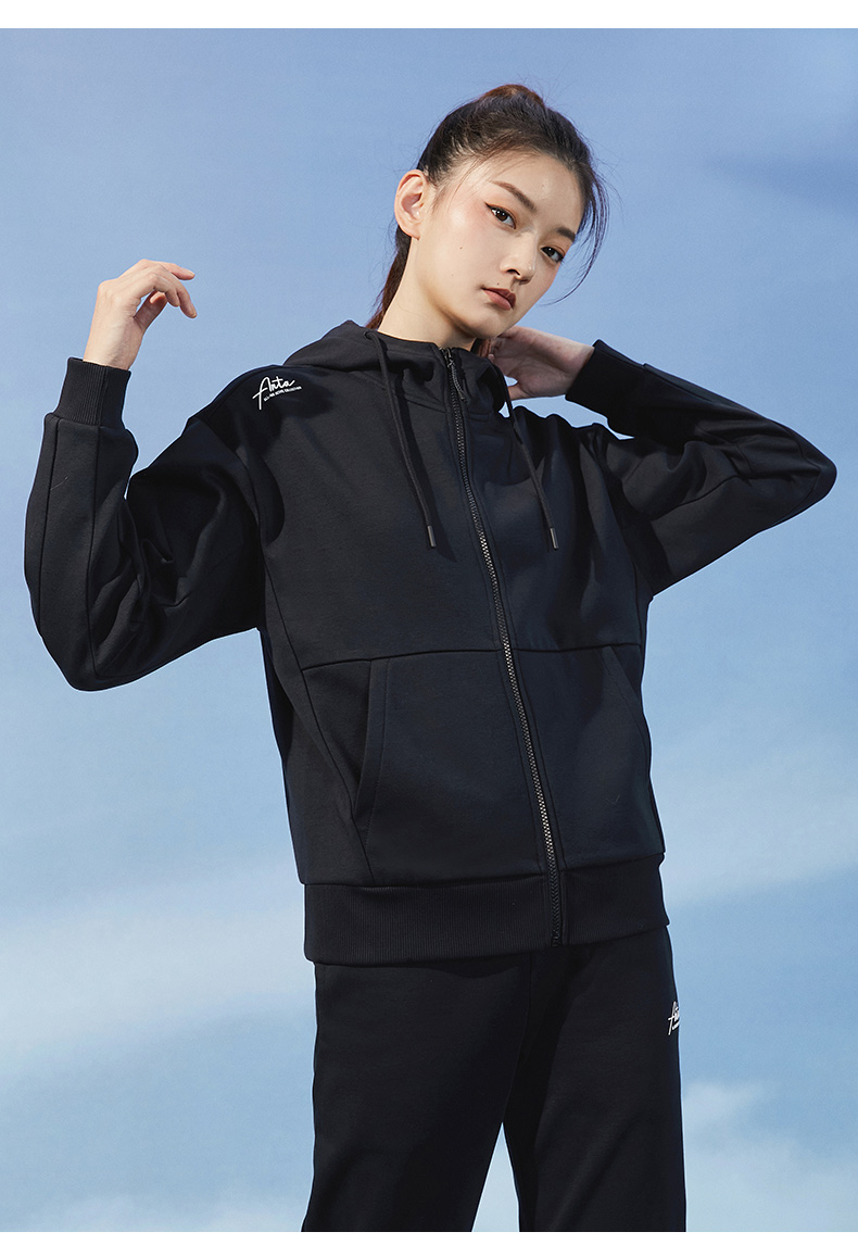 安踏加绒运动套装女新款保暖外套长裤室外运动跑步服健身衣训练基础黑