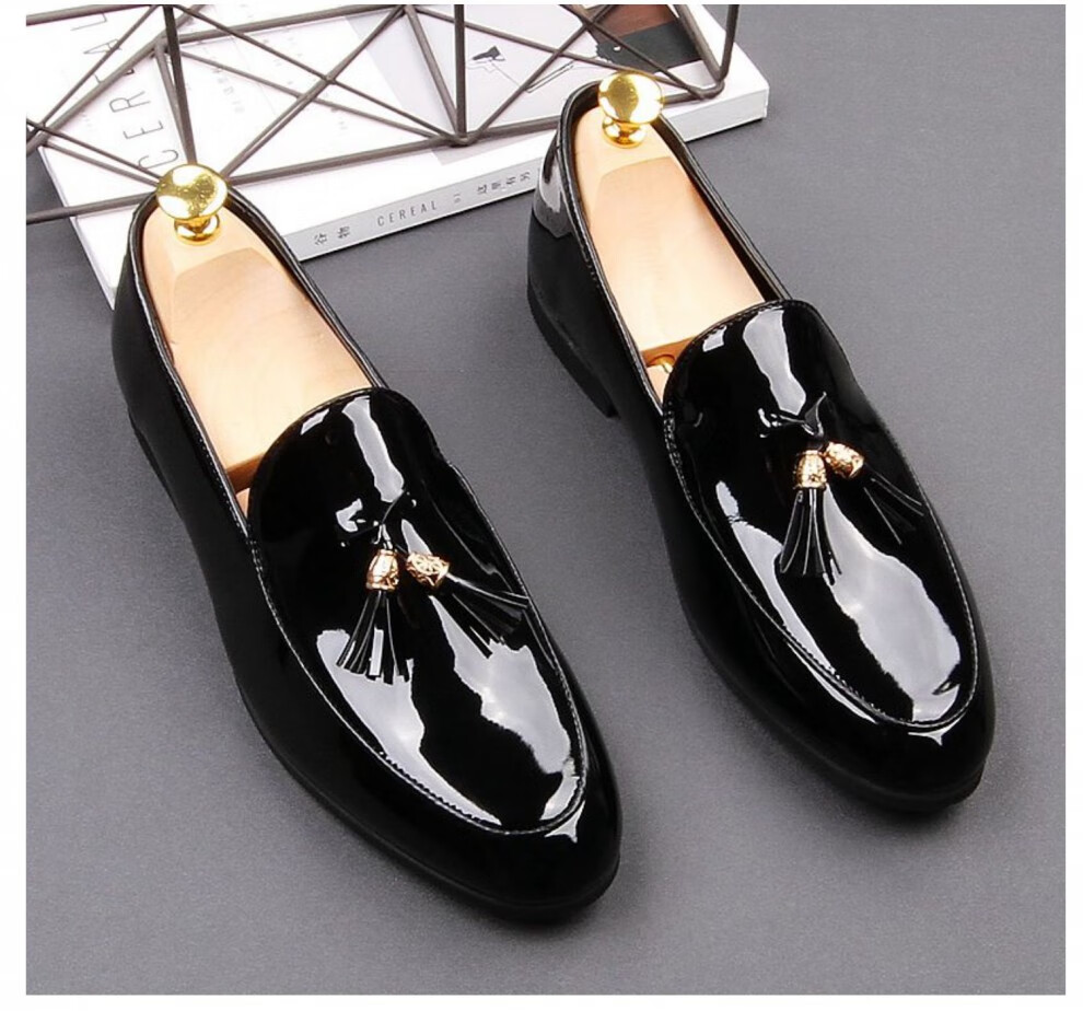 夏天漆皮休闲真1皮亮皮鞋男漆面男士亮面流苏豆豆鞋男一脚蹬尖头皮鞋