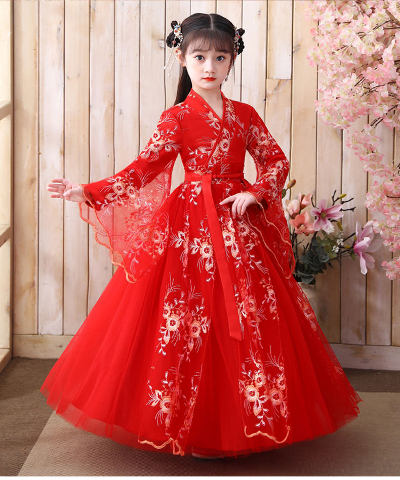 女童古装蓬蓬裙汉服儿童古风唐装超仙女孩童装连衣裙秋冬洋气长裙斜领