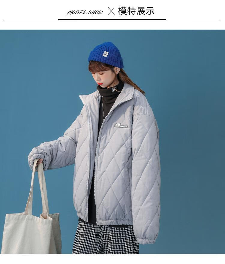 125954-奶黄色棉服女chic韩风冬季加厚菱格外套2021新款oversize立领棉衣 绿色 L-详情图
