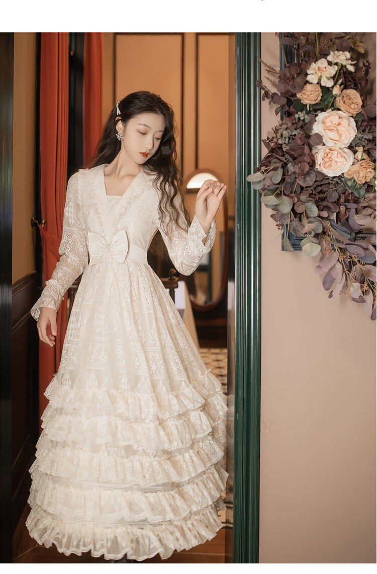 仙女古着在逃公主裙vintage复古宫廷风蛋糕连衣裙秋短款杏色蛋糕裙s