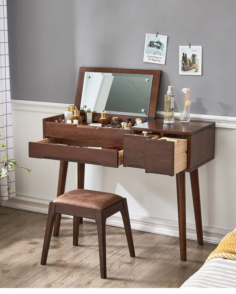定制实木梳妆台现代简约化妆桌小户型翻盖卧室网红北欧化妆台原木色不