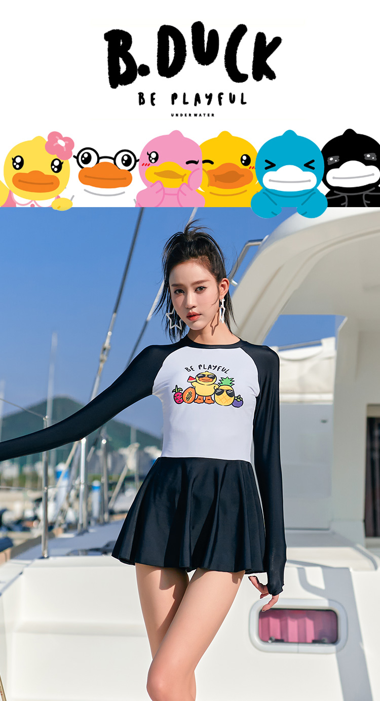 bduck泳衣女可爱连体长袖遮肚显瘦保守款学生游泳衣连体裙l90105斤
