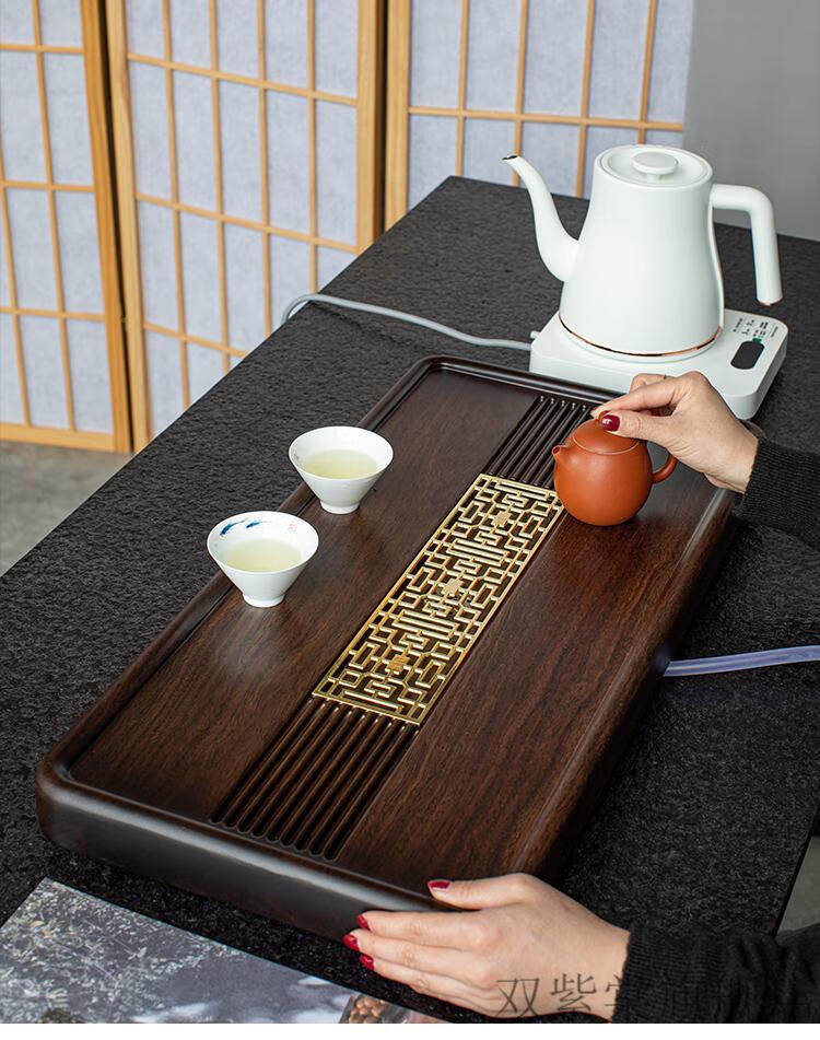 小型茶台黑檀木排水式小桥流水整块木茶盘托盘实木功夫茶具家用排水式