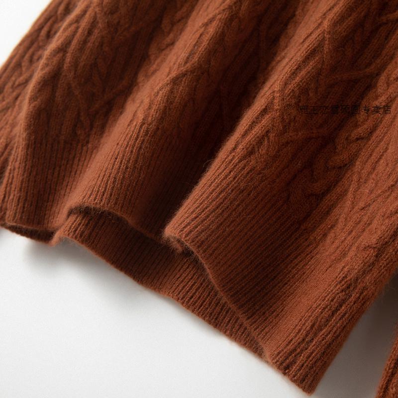 鹿王重磅四股加厚山羊绒衫女高翻领加厚短款绞花宽松针织毛衣冬黑色s