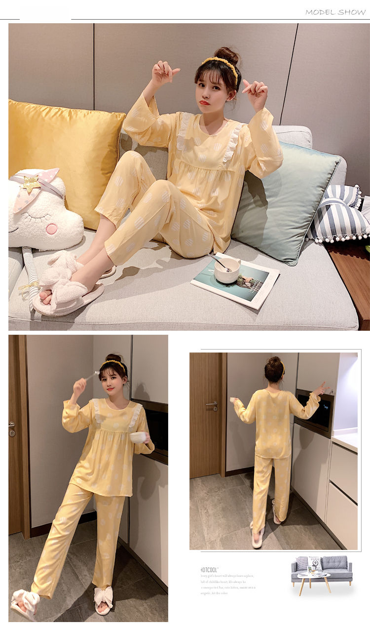 棉绸睡衣女长袖套装韩版可爱薄款服学生家居服长袖套头粉色小花l85110