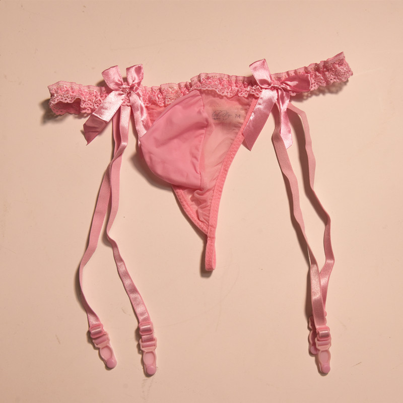 取悦男士蕾丝丁字裤吊带袜长筒丝袜伪娘情趣套装薄透明飞机套内裤白色